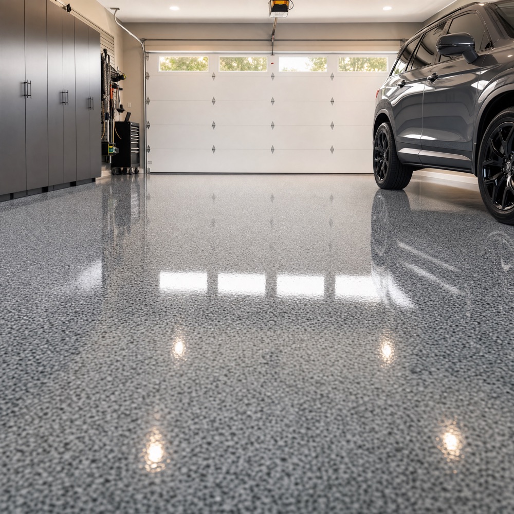 Gray flake garage floor with a parked SUV and cabinets